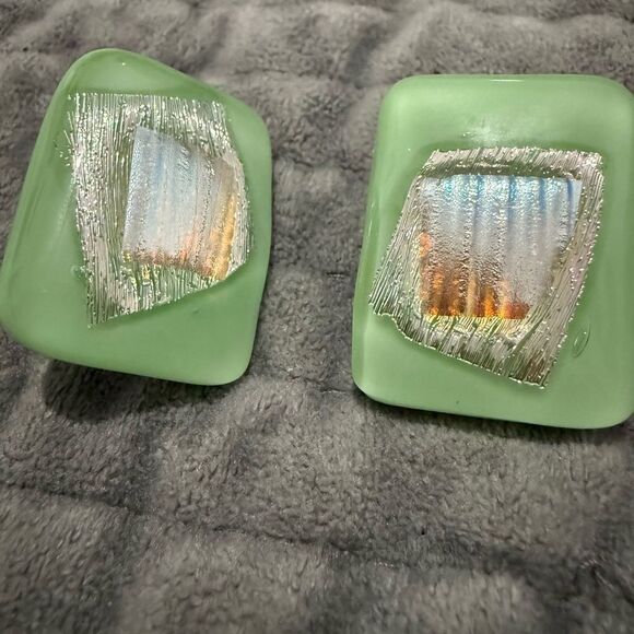 Mint Green Fused Glass Earrings – Handmade Iridescent Post-Back Jewelry - Picture 8 of 17